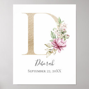 Poster LETTRE MONOGRAPHIQUE D Pink Blanc Floral OR PUR