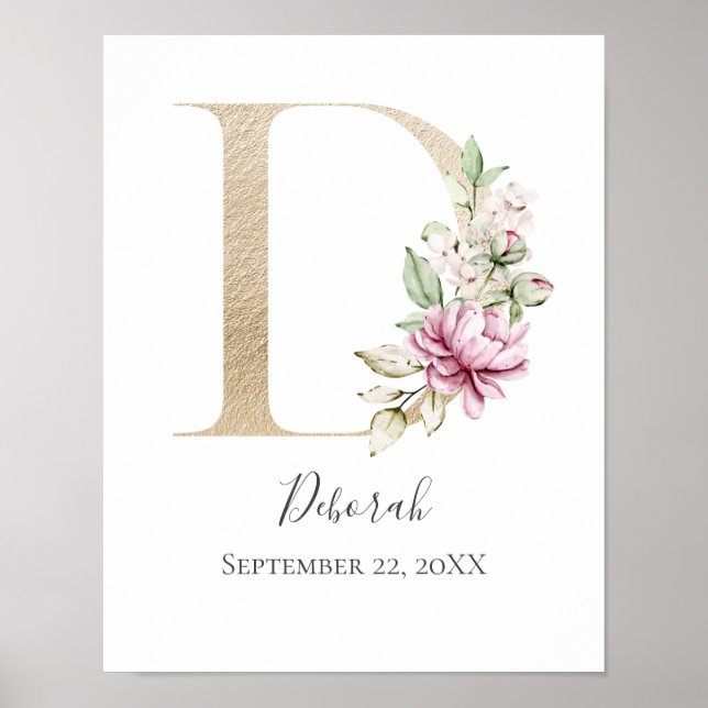 Poster LETTRE MONOGRAPHIQUE D Pink Blanc Floral OR PUR (Devant)