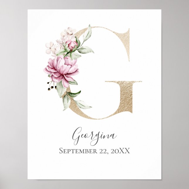 Poster LETTRE MONOGRAPHIQUE G Pink Blanc Floral Or Pépini (Devant)
