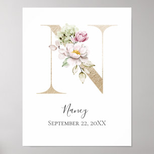 Poster LETTRE MONOGRAPHIQUE N Pink Blanc Floral Or Lettre