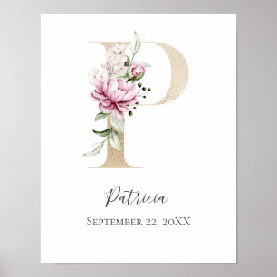 Poster LETTRE MONOGRAPHIQUE P Pink Blanc Floral OR PUR