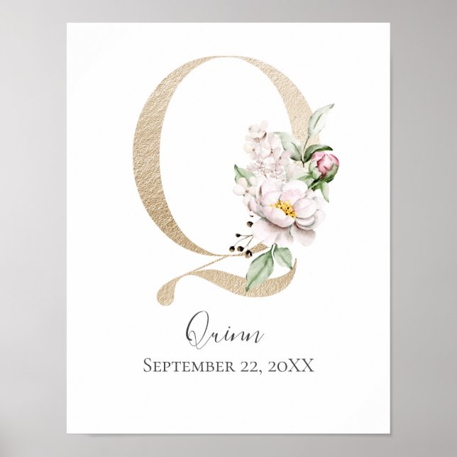 Poster LETTRE MONOGRAPHIQUE Q Pink Blanc Floral OR PURE (Devant)