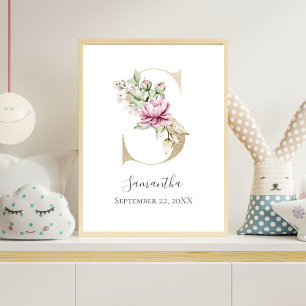Poster LETTRE MONOGRAPHIQUE S Pink Blanc Floral OR PUR