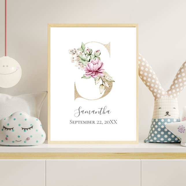 Poster LETTRE MONOGRAPHIQUE S Pink Blanc Floral OR PUR (Gold Monogram Letter S, Pink Watercolor Florals Nursery wall Art)