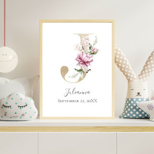 Poster LETTRE MOTOGRAPHIQUE J Pink Blanc Floral OR PUR