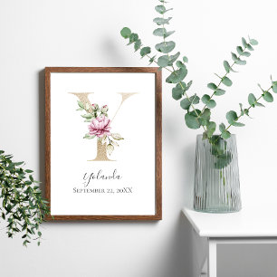 Poster LETTRE MOTOGRAPHIQUE Y Pink Blanc Floral OR PUR