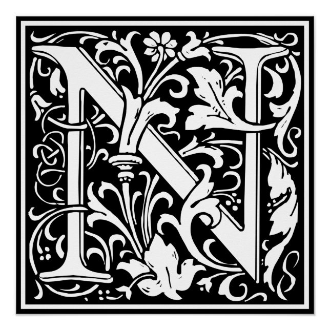 Poster Lettre N Monogramme médiéval Art Nouveau (Devant)