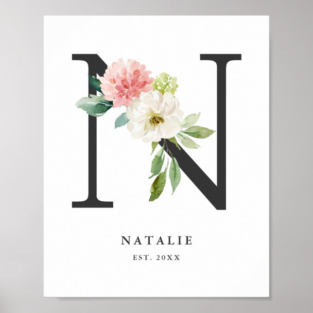 Poster Lettre N Monogramme Peach Florals Peach Nursery (Devant)