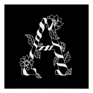 Poster LETTRE NOIRE ET BLANCHE "A" AVEC FLEURS Jumelantes