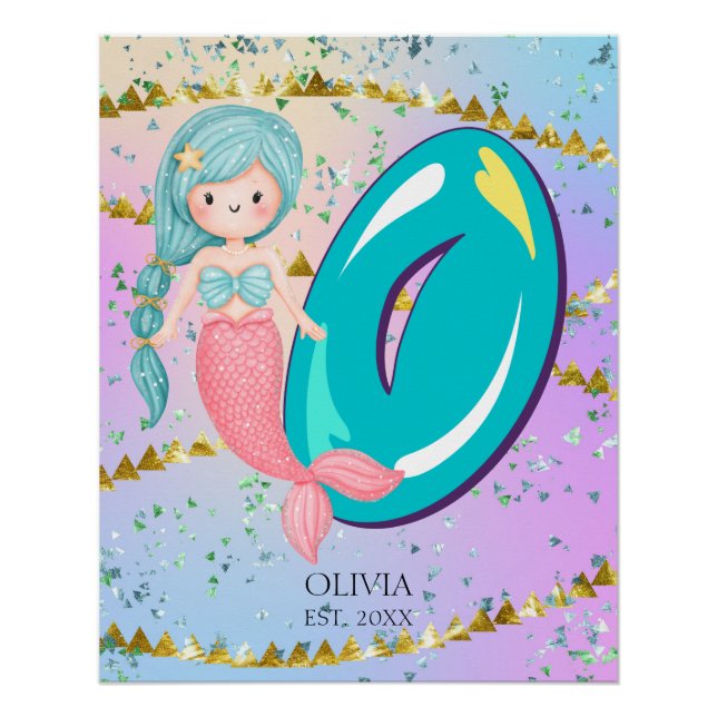 Poster Lettre O Monogramme Aquarelle mignonne Sirène (Devant)