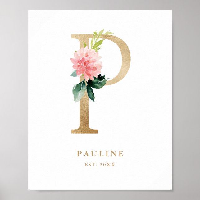 Poster Lettre P Blush Floral Monogram Gold Foil Nursery (Devant)