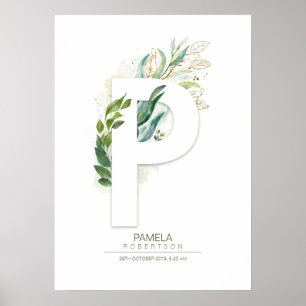 Poster Lettre P Monogramme Or Vert Feuillage Chic