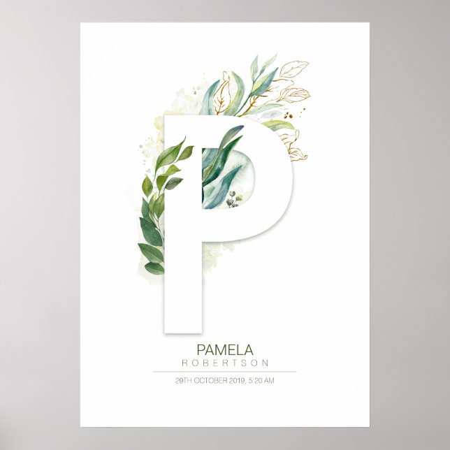 Poster Lettre P Monogramme Or Vert Feuillage Chic (Devant)