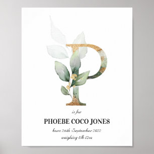 Poster Lettre P Nouveau Bébé Monogramme Naissance Imprime