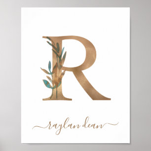 Poster Lettre R dorée en monogramme aquarelle florale