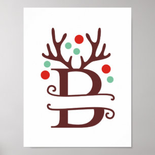 Poster Lettre renne personnalisée B Monogramme fractionné