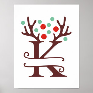 Poster Lettre renne personnalisée K Monogramme fractionné