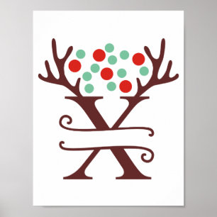Poster Lettre renne personnalisée X Monogramme fractionné