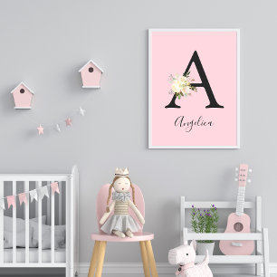 Poster Lettre rose pâle 'A' Nursert Nom Wall Art
