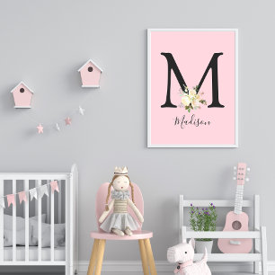 Poster Lettre rose pâle 'M' Nursert Nom Wall Art