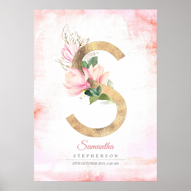 Poster LETTRE S Feuilles d'or Monogramme rose Magnolia Fl (Devant)