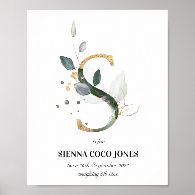 Poster Lettre S Nouveau bébé Monogramme Naissance Imprime (Devant)
