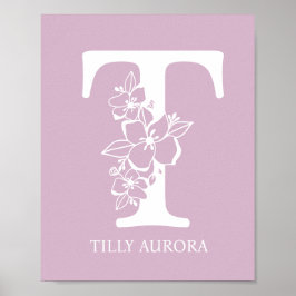 Poster Lettre T Floral Monogramme Nom Pépinière Moderne