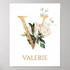 Poster Lettre V Monogramme crème blanche rose Nursery Pos
