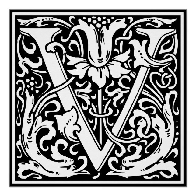 Poster Lettre V Monogramme médiéval Art Nouveau (Devant)