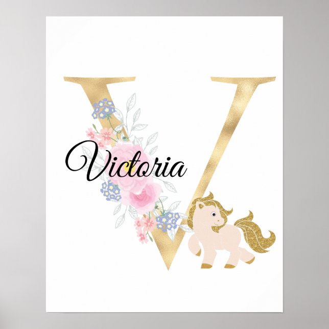 Poster Lettre V monogramme personnalisé avec poney (Devant)
