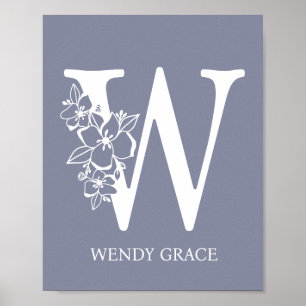 Poster Lettre W Floral Monogramme Nom Nursery Modern