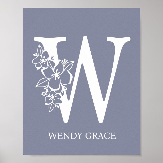 Poster Lettre W Floral Monogramme Nom Nursery Modern (Devant)