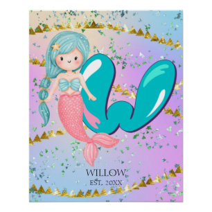 Poster Lettre W Monogram Aquarelle mignonne Sirène