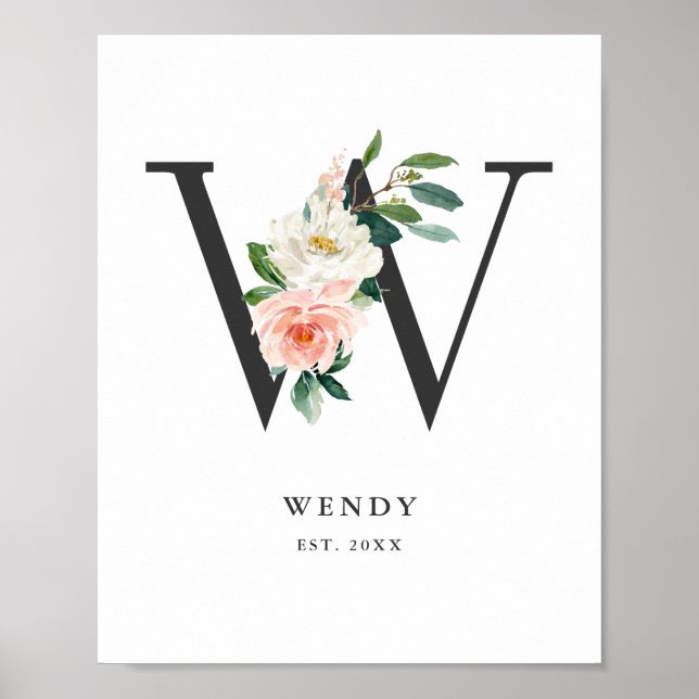 Poster Lettre W Monogramme Peach Florals Nursery (Devant)