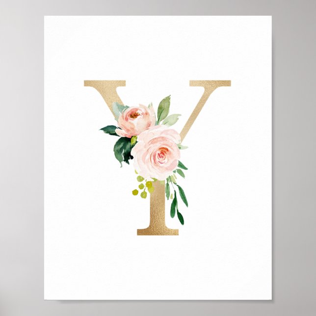 Poster Lettre Y Blush Floral Monogramme Faux Gold Foil (Devant)