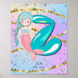 Poster Lettre Z Monogramme Aquarelle mignonne Sirène