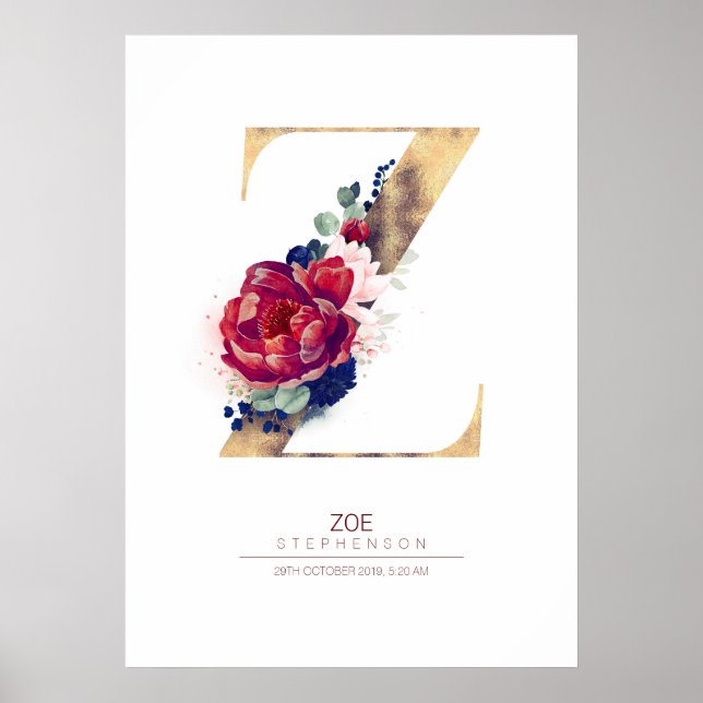 Poster Lettre Z Monogramme Floral Marine Bleu et Bourgogn (Devant)