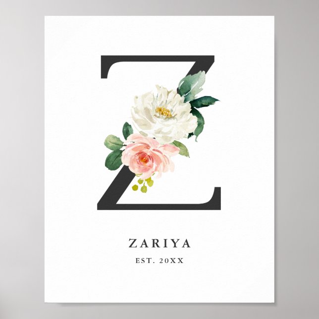 Poster Lettre Z Monogramme Peach Florals Nursery (Devant)