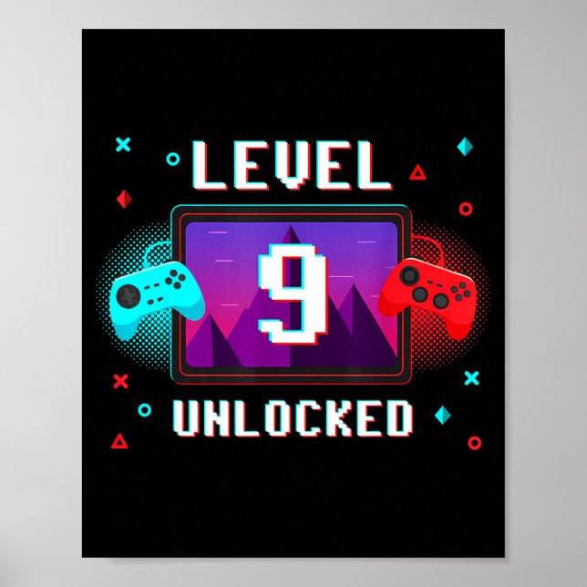 Poster Level 9 Unlocked Video Gamer Funny 9th Birthday Bo (Devant)