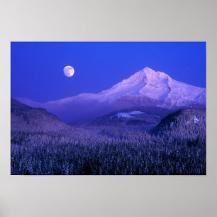 Poster Lever de lune sur le mont Hood en hiver, Oregon