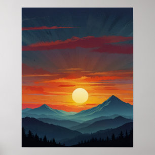 Poster Lever de soleil abstrait sur la montagne