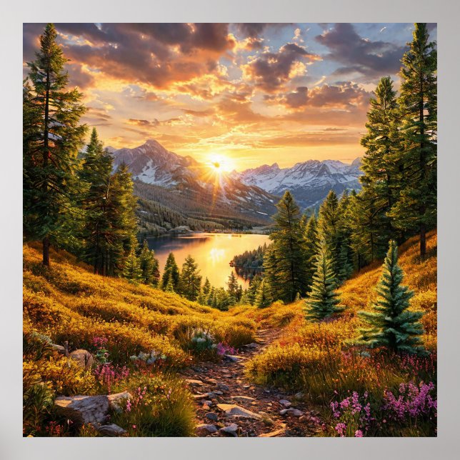 Poster Lever de soleil époustouflant sur la vallée boisée (Devant)
