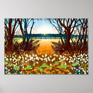 Poster Lever de soleil forestier et fleurs sauvages