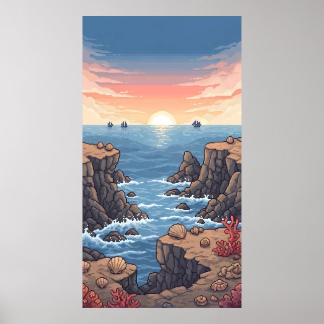 Poster Lever de soleil pixelisé au-dessus de l'océan avec (Devant)