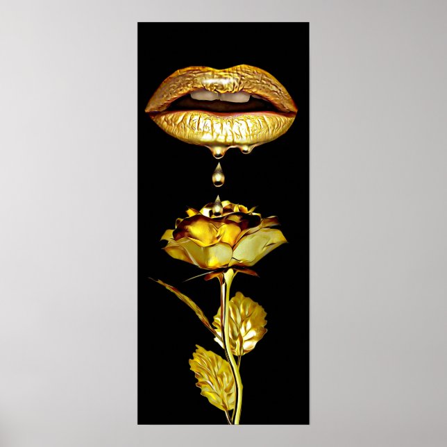 Poster Lèvres de femmes goutte à goutte maquillage d'or l (Devant)