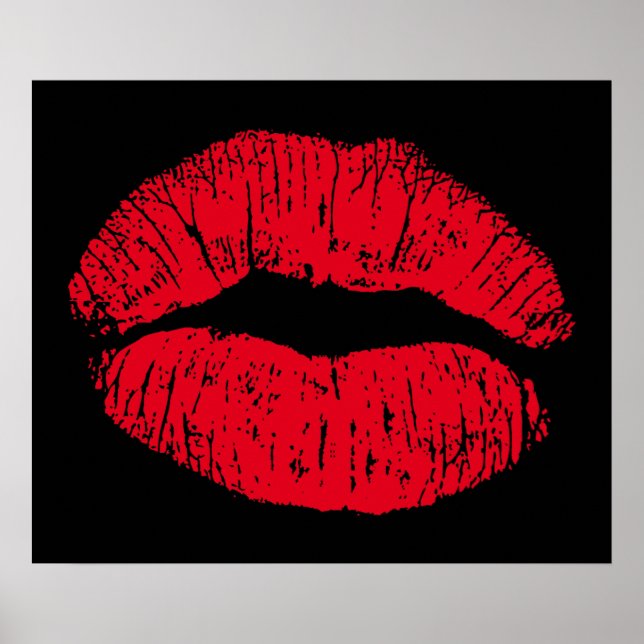 Poster Lèvres qui s'embrassent en rouge sur fond noir (Devant)