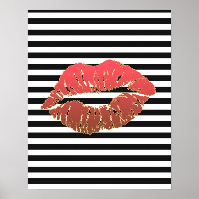 Poster Lèvres Rouges Faux Gold Linées Sur Bandes Noires E (Devant)