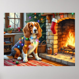 Poster Lévrier Afghan cheminée avec lumières de Noël