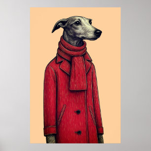 Poster Lévrier en manteau rouge d'hiver, dessin stylisé