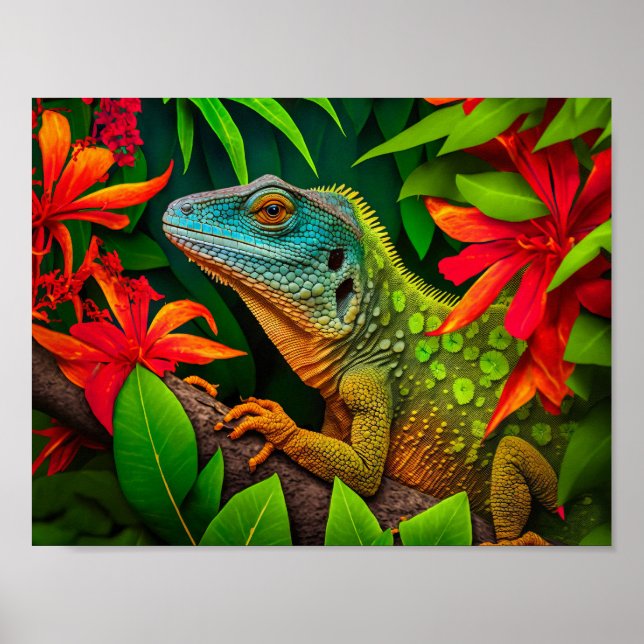 Poster Lézard vert en forêt tropicale (Devant)